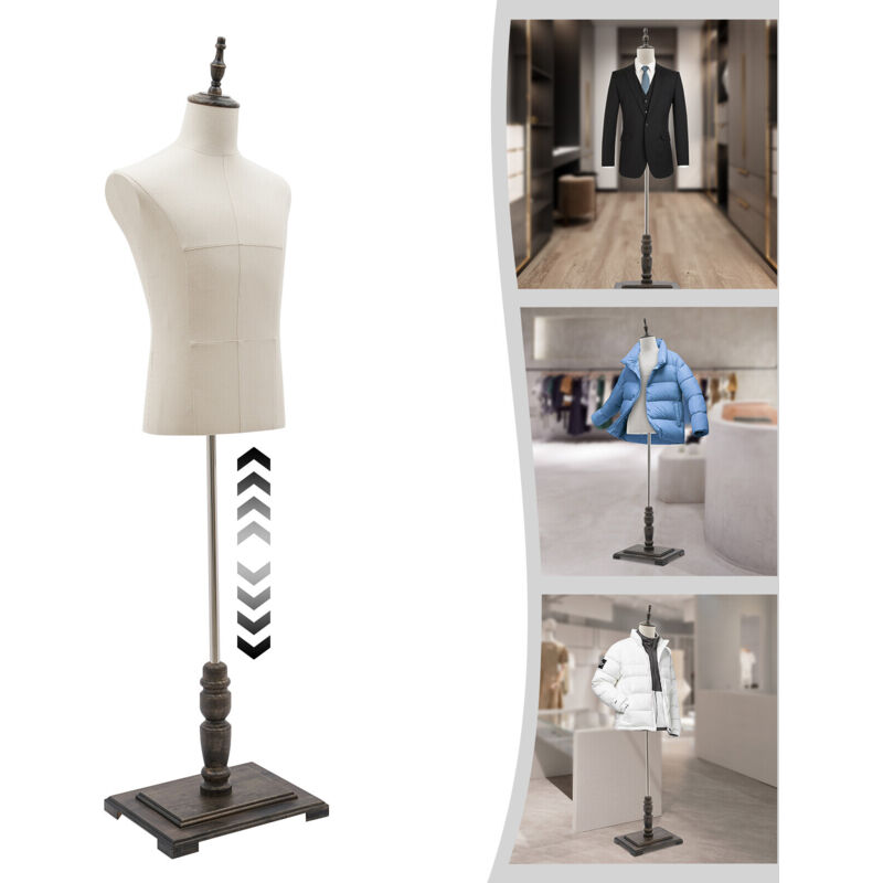 Männlicher Mannequin-Torso mit massivem Holzrückstütze, verstellbare Höhe von 150 bis 180 cm, für Ladenverkauf.