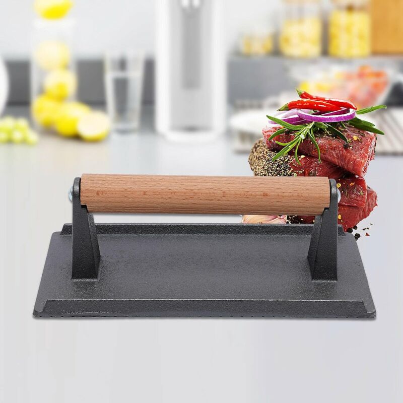 Manuelle Steakpresse aus Gusseisen, 21 cm Seitenlänge, flacher Spatel für gegrilltes Steak und schräger Spatel, ideal für Bacon, Burger, gegrillte