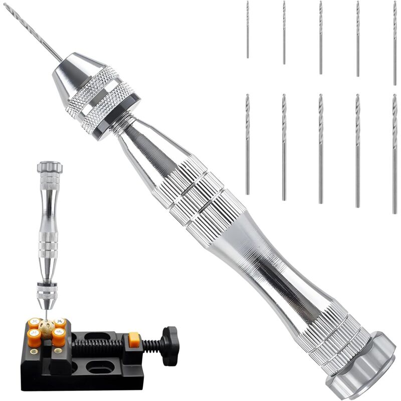 Manueller Handbohrer für Harzformen, 12 cm silberner Handspiralbohrer mit 10 Stahlbohrern (0,8–3 mm), Bohrwerkzeug für Epoxidharz, Polymerton, Holz