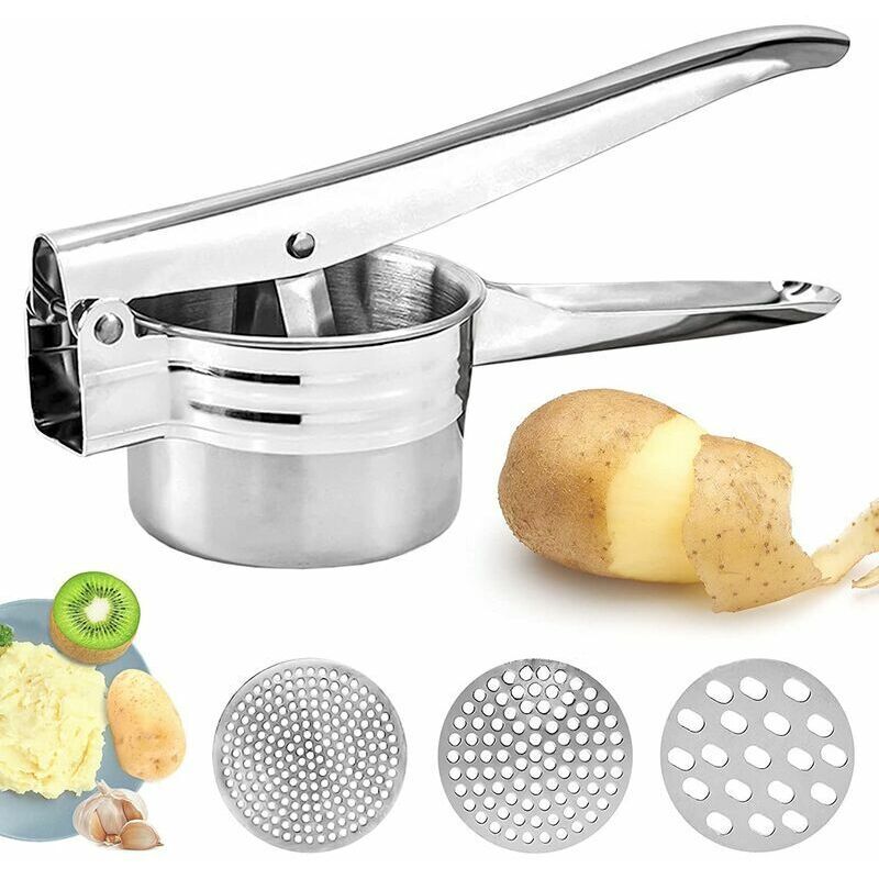 Manueller Kartoffelstampfer, professioneller Kartoffelstampfer aus Edelstahl mit 3 austauschbaren Scheiben für Obst, Gemüse, Babynahrung