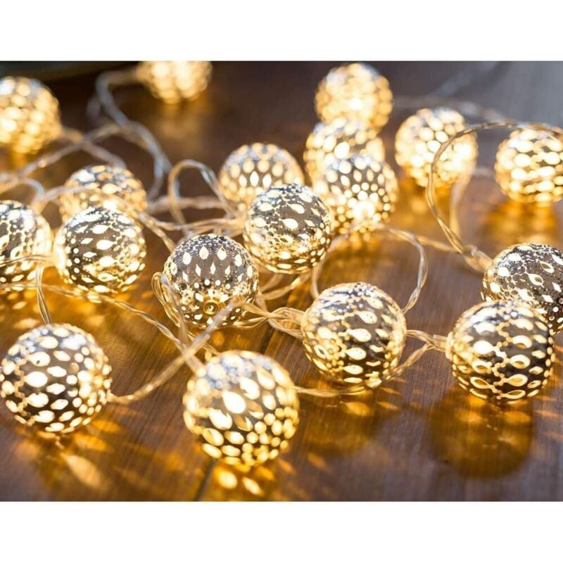 Marokkanische Lichterkette, 20 silberne LED-Kugellichter mit für Hochzeit, Geburtstag, Weihnachten, drinnen und draußen, Heimdekoration, Metallkugel,