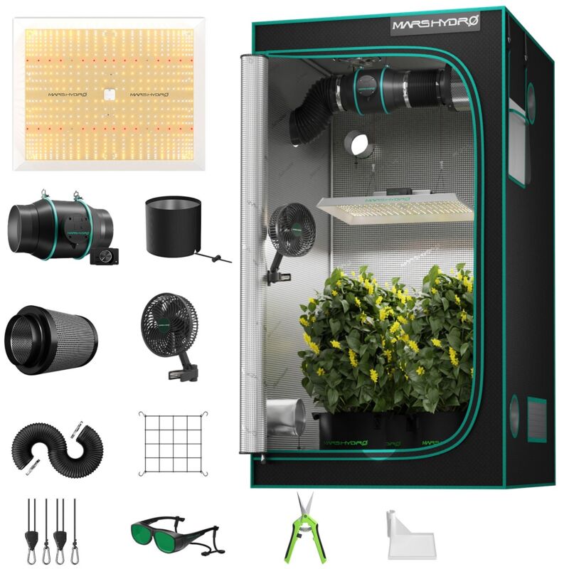 Mars Hydro Growbox Komplettset 120x120x200cm LED TSW2000 320W LED-Wachstumslicht mit Ventilation Clip on fan fü für Zimmerpflanzen