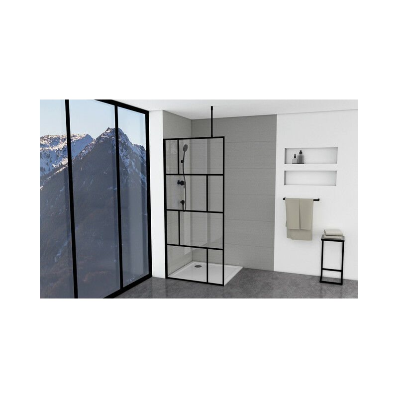 Duschwand, schwarz 90 x 195 cm - inkl. Deckenhalterung - Begehbare Dusche - Walk-In - Duschabtrennung - Siebdruck - Marwell