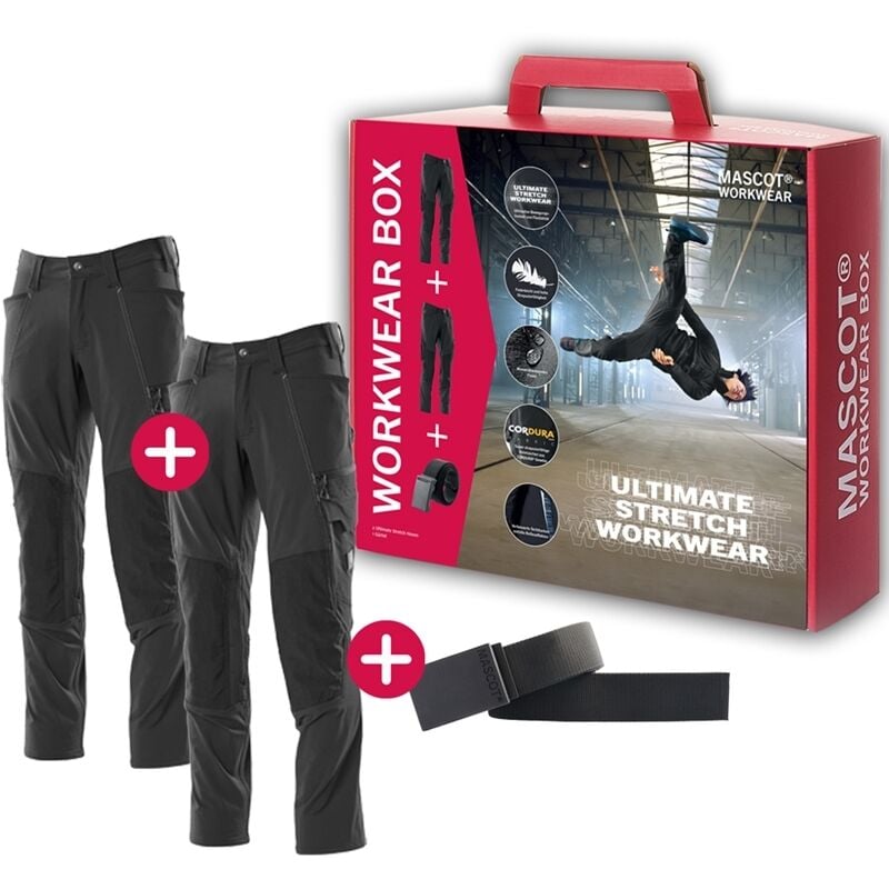 Workwear Box inkl. 2x ultimate stretch Arbeitshose 18479 & gratis Gürtel, Farbe: Schwarz - 09, Größe: 44 - Mascot