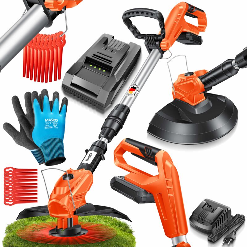 Akku-Rasentrimmer mit 20 v Li-Akku 2 0 Ah Akku und Ladegerät Motorsense 26 cm Schnittkreis 180° Trimmwinkel Teleskop-Stiel & Zusatzhandgriff Orange
