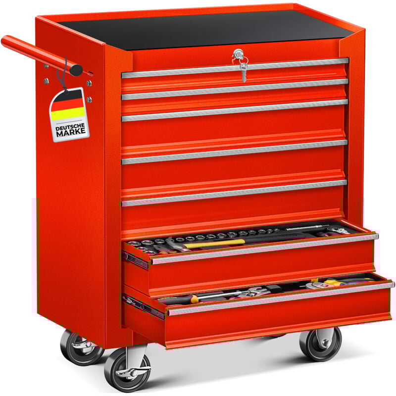 Masko® Werkstattwagen Rollwagen Werkzeugwagen Werkzeugkiste Fächer Toolbox Werkzeug-Box 7 Fächer Rot