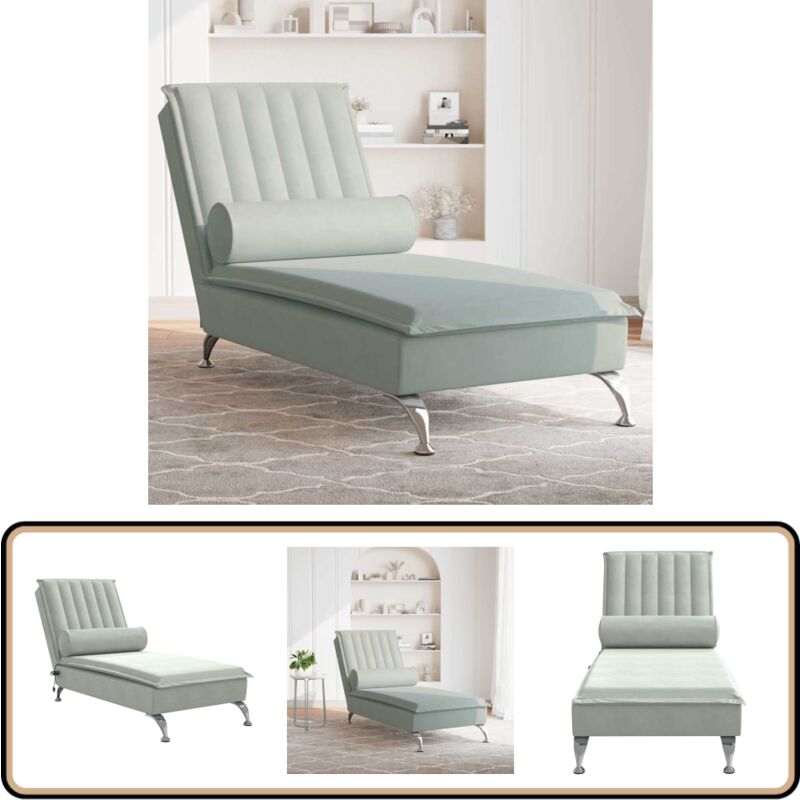 Vidaxl - Massage-Chaiselongue mit Nackenrolle Hellgrau Samt - Chaiselongue - Massage-Funktion - Samtcouch - Wohnzimmermöbel - Relaxsessel