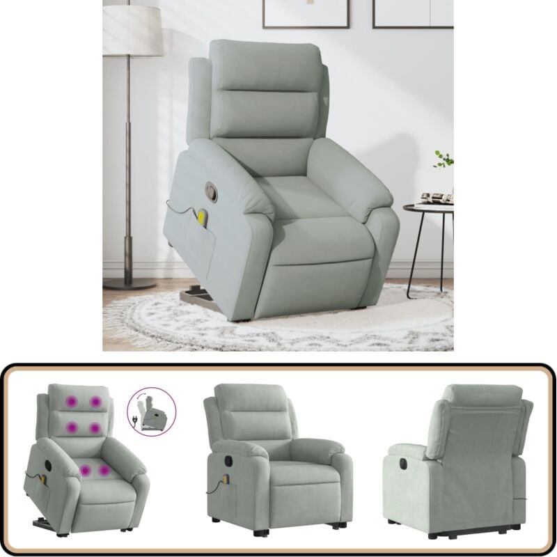Massagesessel mit Aufstehhilfe Hellgrau Samt - Massage Sessel - Elektrischer Lift - Samt Sessel - Fernsehsessel - Bequeme Lounge Sessel