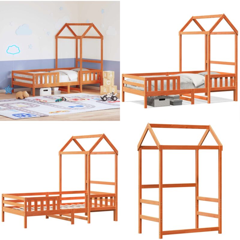 Massivholzbett mit Dach Wachsbraun 90x190 cm Kiefer - Kinderbett - Holzkinderbett - Kiefernholzbett - Kinderspielzelt - Jugendzimmer Dekoration