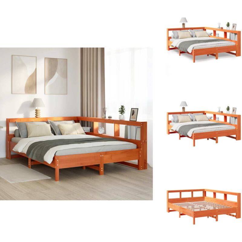 Massivholzbett mit Regal ohne Matratze Wachsbraun 135x190 cm - Bett Mit Regal - Bett Mit Bücherregal - Holzbett Mit Regal - Holzbett Mit Bücherregal