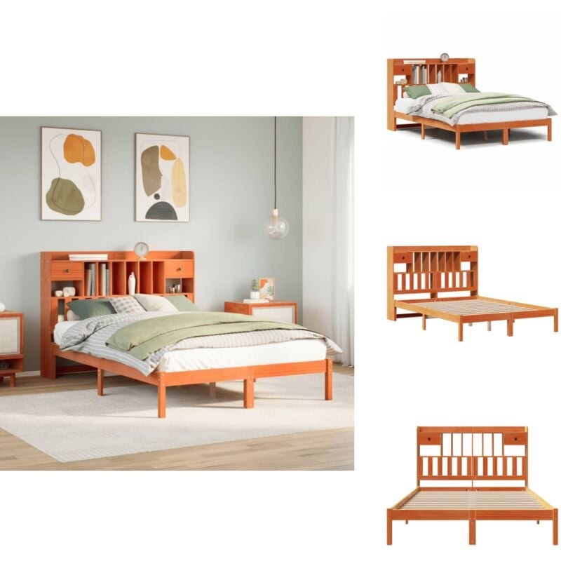 Massivholzbett mit Regal ohne Matratze Wachsbraun 140x200 cm - Bett Mit Regal - Bett Mit Bücherregal - Holzbett Mit Regal - Holzbett Mit Bücherregal