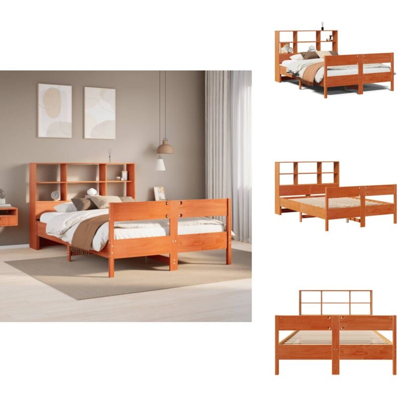 Massivholzbett mit Regal ohne Matratze Wachsbraun 160x200 cm - Bett Mit Regal - Bett Mit Bücherregal - Holzbett Mit Regal - Holzbett Mit Bücherregal
