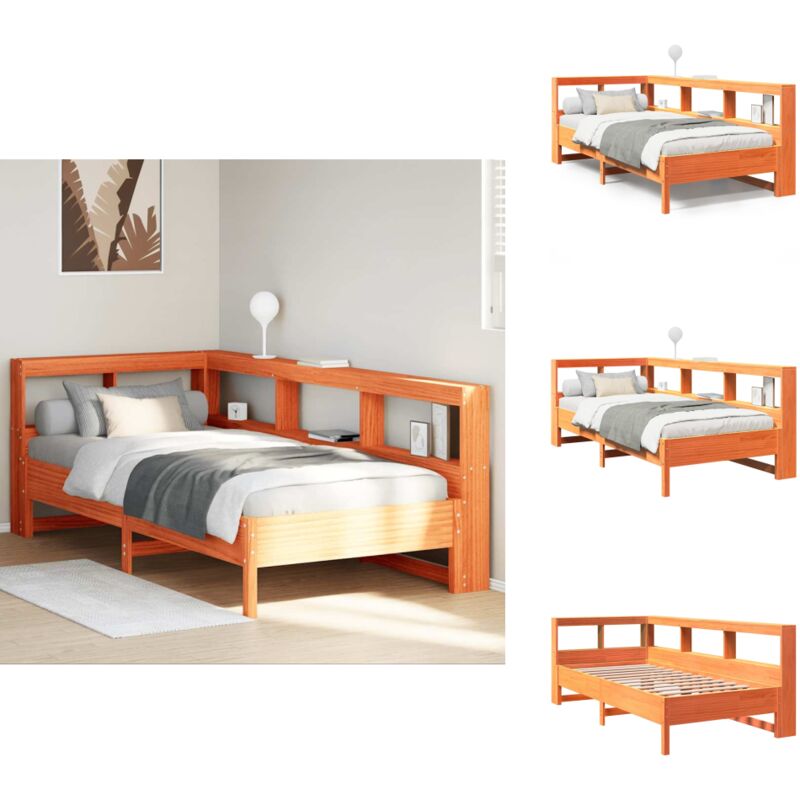 Massivholzbett mit Regal ohne Matratze Wachsbraun 75x190 cm - Bett Mit Regal - Bett Mit Bücherregal - Holzbett Mit Regal - Holzbett Mit Bücherregal