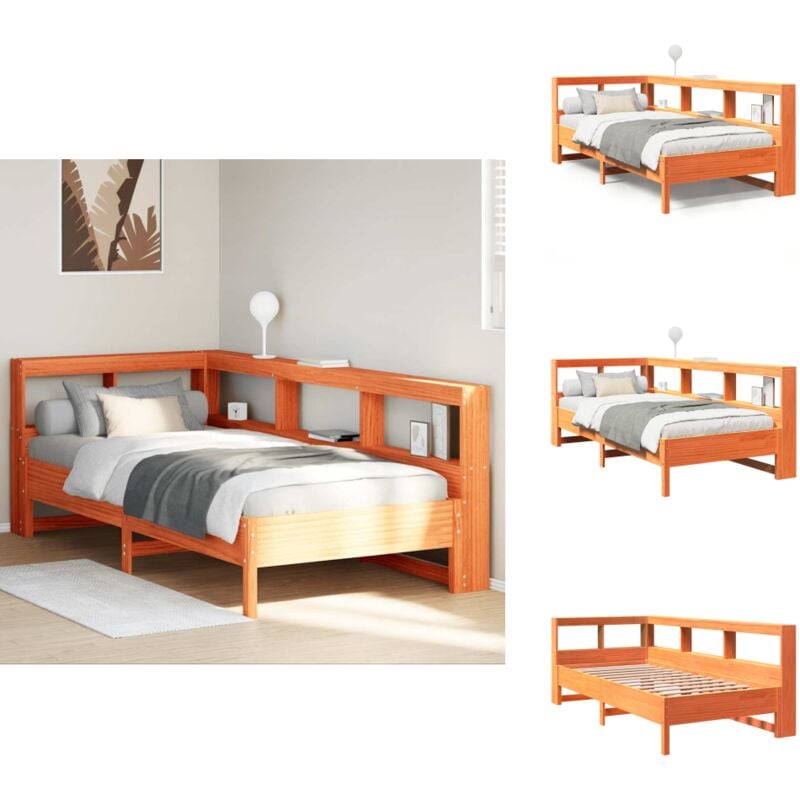 Massivholzbett mit Regal ohne Matratze Wachsbraun 90x200 cm - Bett Mit Regal - Bett Mit Bücherregal - Holzbett Mit Regal - Holzbett Mit Bücherregal