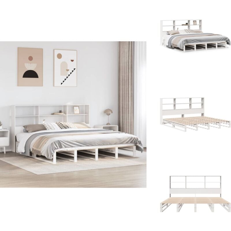 Massivholzbett mit Regal ohne Matratze Weiß 180x200 cm - Bett Mit Regal - Bett Mit Bücherregal - Holzbett Mit Regal - Holzbett Mit Bücherregal