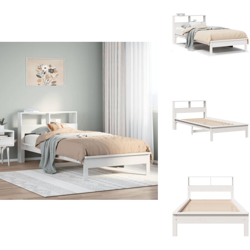 Massivholzbett mit Regal ohne Matratze Weiß 90x200 cm Kiefer - Bett Mit Regal - Bett Mit Bücherregal - Holzbett Mit Regal - Holzbett Mit Bücherregal