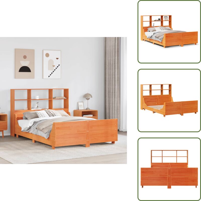 Massivholzbett ohne Matratze Wachsbraun 160x200 cm Massivholz - Bett Mit Regal - Bett Mit Bücherregal - Holzbett Mit Regal - Holzbett Mit Bücherregal