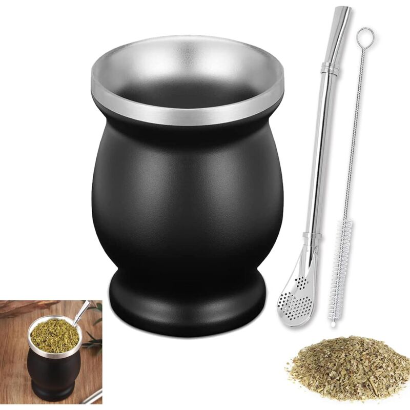 Mate-Becher, Mate-Tee-Set, 230 ml Mate-Set mit Strohhalm und Reinigungsbürste, Edelstahl-Mate-Becher-Set, für Küche und Gastronomie, Schwarz