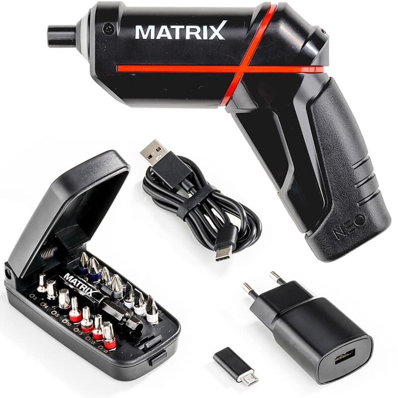 Matrix Akkuschrauber 4 Volt inkl. Li-Ion 2,0 Ah Akku, Ladegerät + Bitset 14 tlg.
