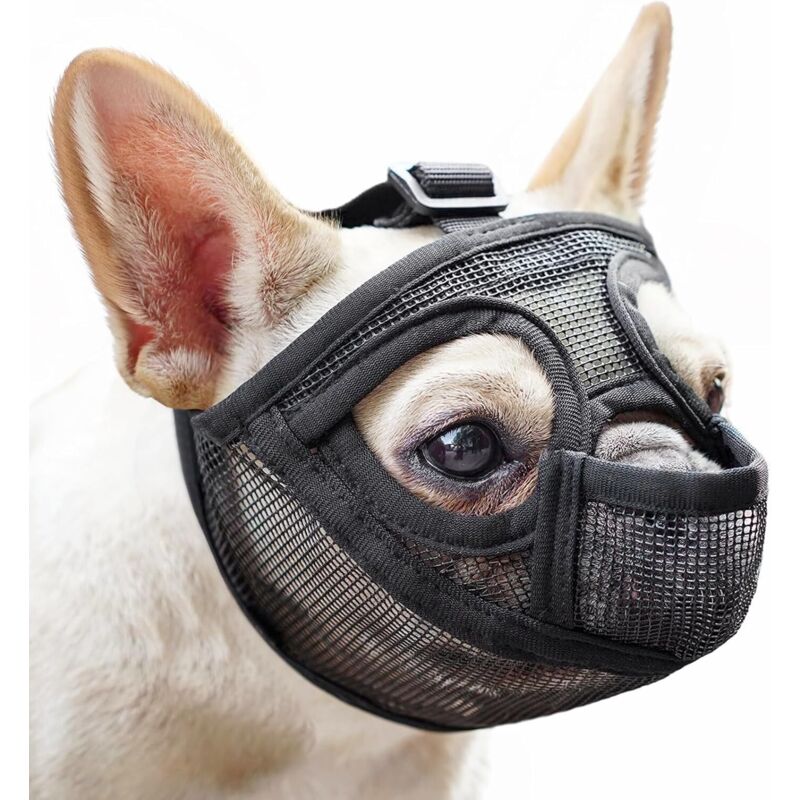 Maulkorb für brachyzephale Hunde (Größe S) — Atmungsaktives PVC-Netzgewebe, verstellbarer Riemen, bissfest, Panoramasicht — Für Bulldoggen, Möpse,