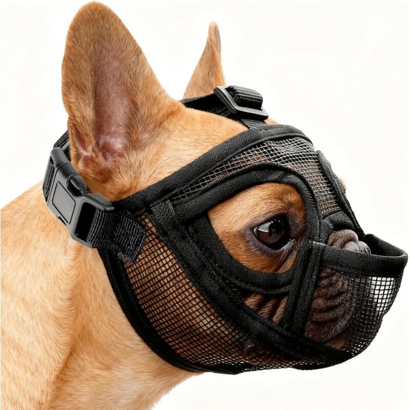 Maulkorb für Französische Bulldoggen, verstellbarer, atmungsaktiver Maulkorb, flache Maske, kleiner, kurzer Maulkorb gegen Beiß, Kauen und Lecken für