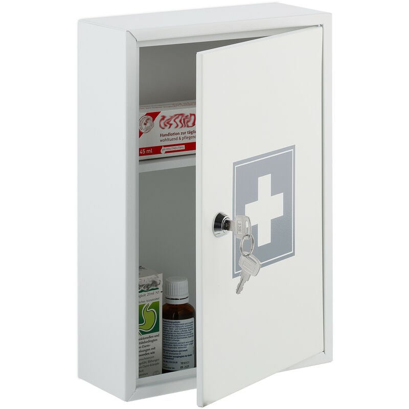 Medizinschrank, abschließbar, 2 Fächer, HxBxT: 32x21,5x8 cm, für Medikamente, Arzneischrank hängend, weiß/grau - Relaxdays