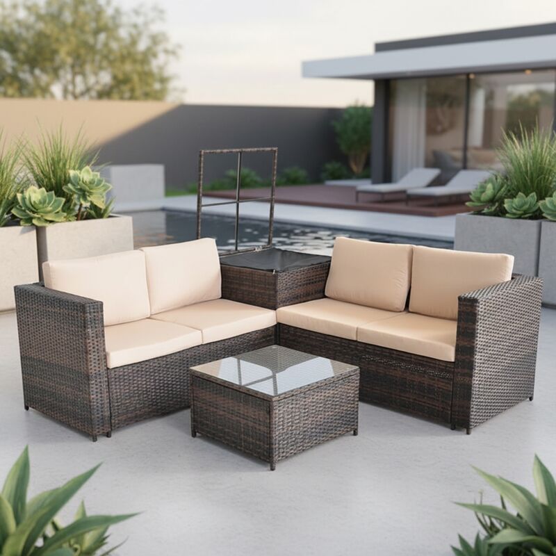 Gartenlounge Rattan mit Kissenbox Ecksofa Braun Sitzgarnitur Garten Essgruppe - Melko