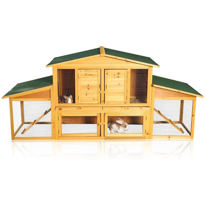 Xxl Hasenstall für Draußen, Winterfest, mit Freilauf, 215 x 73 x 100 cm groß, aus Holz mit Schubladen zur einfachen Reinigung - Melko