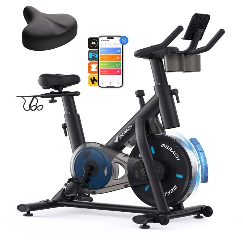 Merach - Heimtrainer Fahrrad mit magnetischem Widerstand – leiser Ergometer mit lcd, App, Tablet-Halter, bis 136 kg