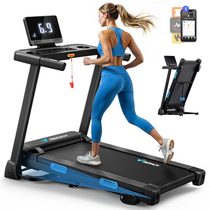 Merach - Klappbares elektrisches Laufband – bis 12 km/h, leiser Motor, LED-Anzeige, app & Tablet-Halter, bis 136 kg