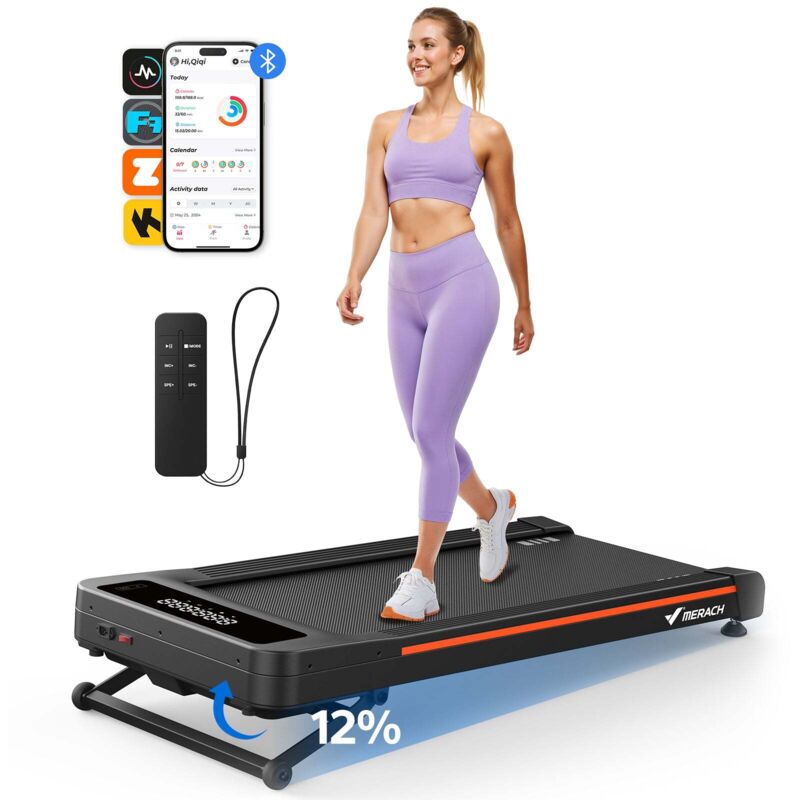 Merach - Leises Laufband bis 180 kg – bürstenlos, 12 % Steigung, 95 % vormontiert, LED-Display, App & Fernbedienung