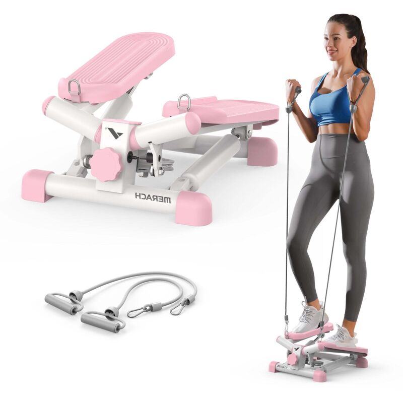 Merach - Mini Stepper 2-in-1 mit LCD-Display & Widerstandsseilen bis 150 kg, Heimtrainer für Beine, Po & Arme, rosa