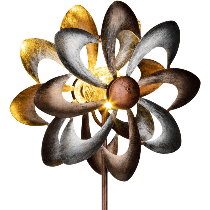 Metall Doppel Windrad mit Solar led Glaskugel - ø 23 cm - Deko Gartenstecker mit Beleuchtung in warm weiß - Garten Deko Windspiel Windmühle