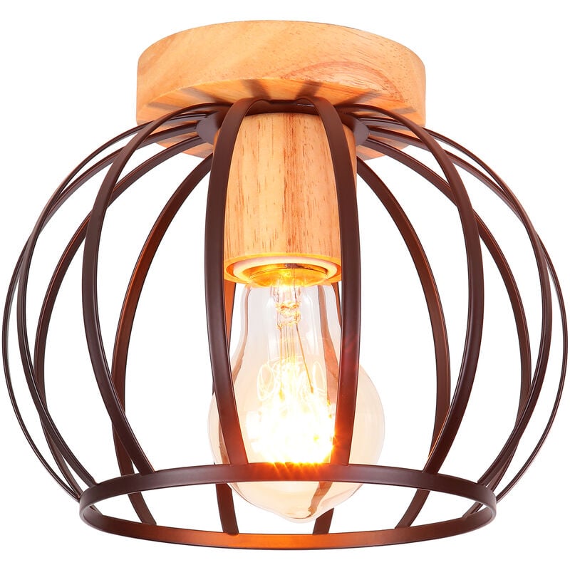 Metall Hölzern Hänge-Leuchte Deckenlampe in Käfig Form, Industriell Moderne E27 Ø20cm Deckenleuchte für Wohnzimmer Schlafzimmer Badezimmer Café Bar