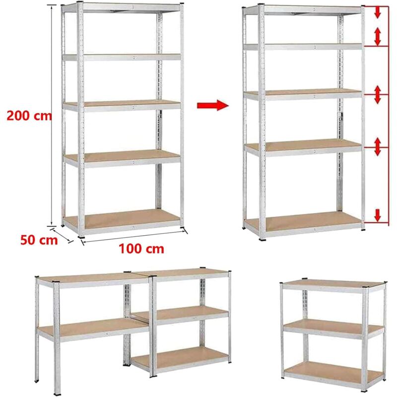 Metall-Schwerlastregal mit 5 Etagen – 200 x 100 x 50 cm – Gesamtbelastung 875 kg (175 kg/Etage) – Lagerregal verstellbare Planken, für Garage, Keller