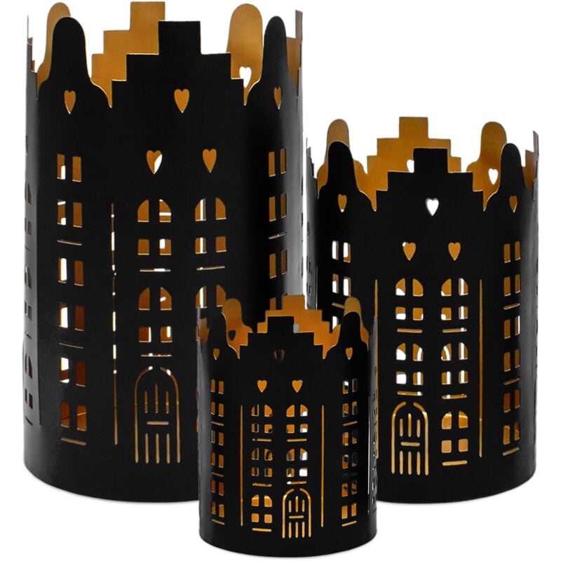 Metall Weihnachts Windlicht rund 3er Set - 20 / 15 / 10 cm - Deko Tisch Laterne Skyline schwarz - Tisch Kerzen Laterne Halter mit Lichtspiel