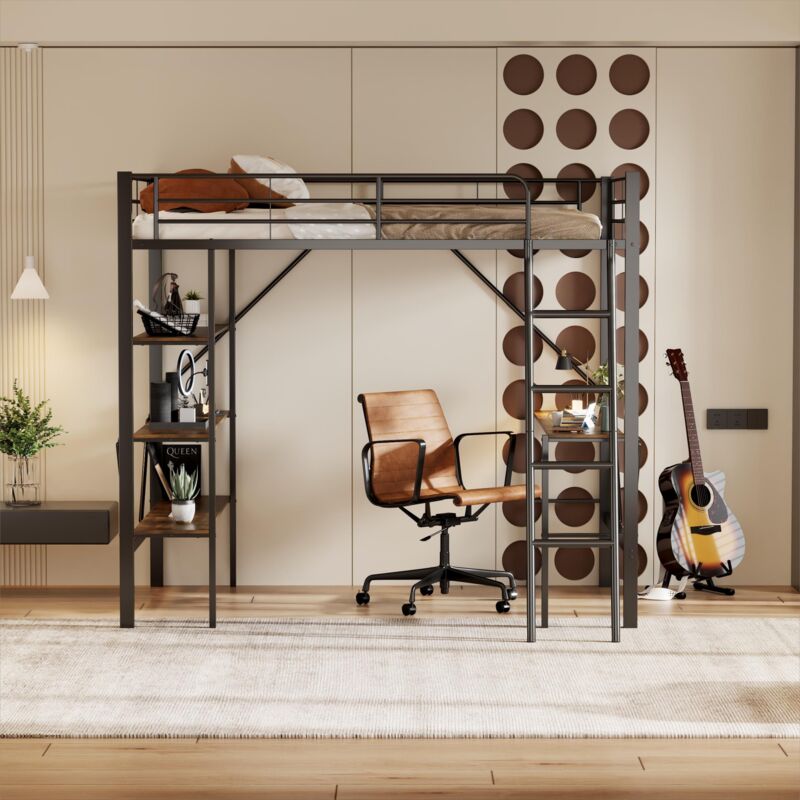 Hochbett 90x200 cm Eisenbett mit Schreibtisch und 3 Regalen, für Kinder, Jugendliche und Erwachsene, Metall, schwarz, ohne Matratze