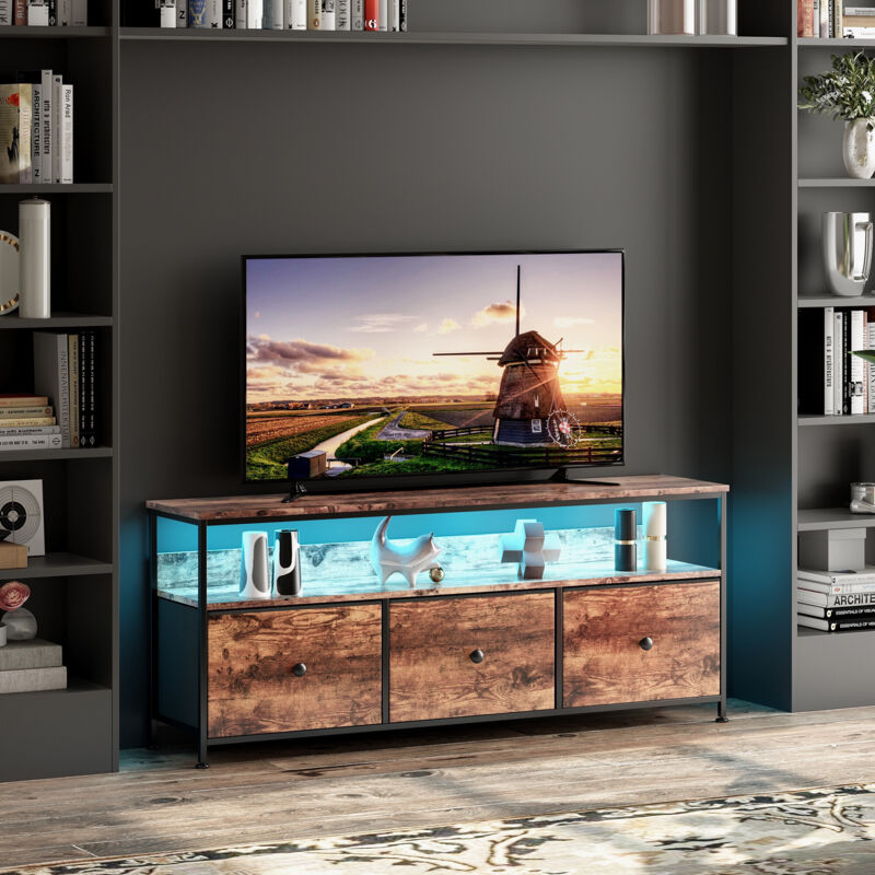 Multimedia-TV-Möbel mit LED-Beleuchtung – LED-Sideboard – Retro-Chic-Design – Schubladen aus Stoff in Holzoptik – 108 cm x 30 x 57 cm – Braun