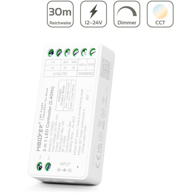 MiBoxer CCT LED Controller 2 in 1 Einfarbig / Dual White 2 Kanal 12/24V LED Strip Panel Steuerung FUT035S+