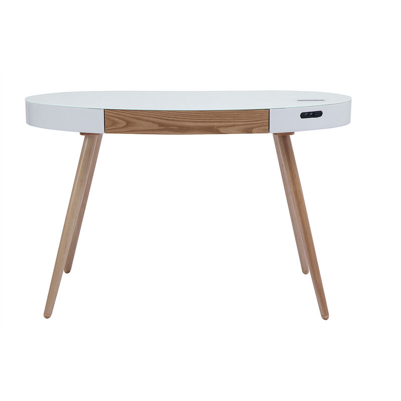 Miliboo - Vernetzter Multimedia-Schreibtisch aus weißem Glas und hellem Holz L120 cm handy