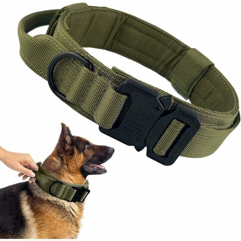 Militär-Hundehalsband mit verstellbarem Nylongriff für mittelgroße und große Hunde mit robuster Metallschnalle, schwarzes Hundehalsband, Größe XL
