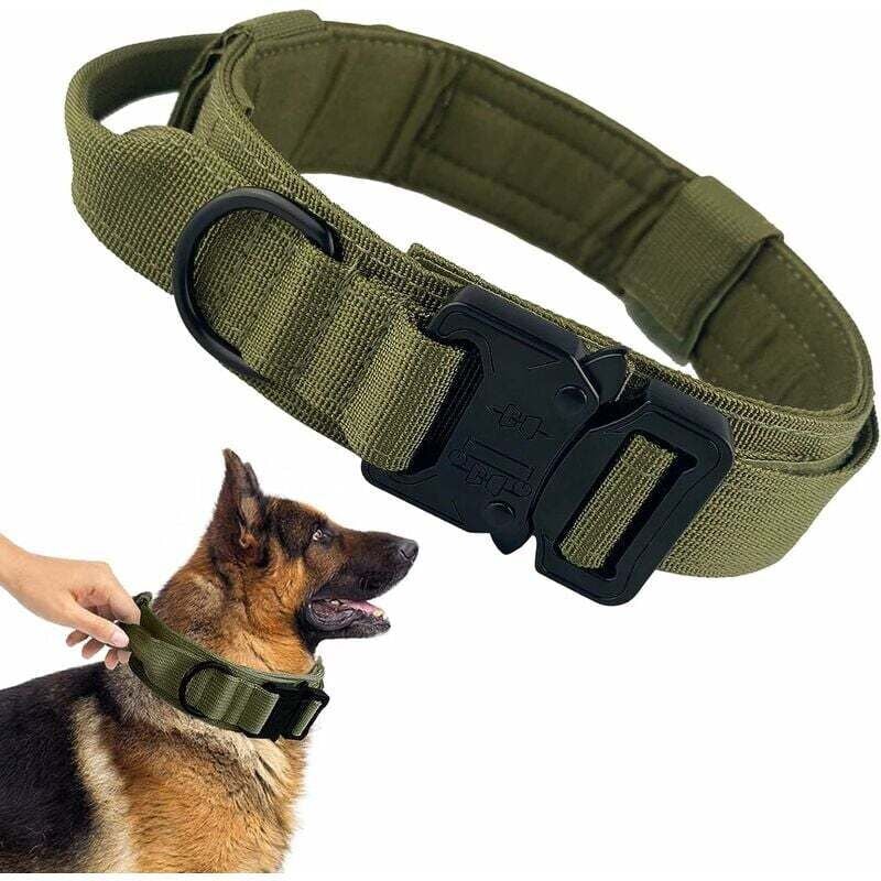 Militärisches Hundehalsband mit verstellbarem Nylongriff für mittelgroße und große Hunde mit robuster Metallschnalle, schwarzes Hundehalsband, Größe