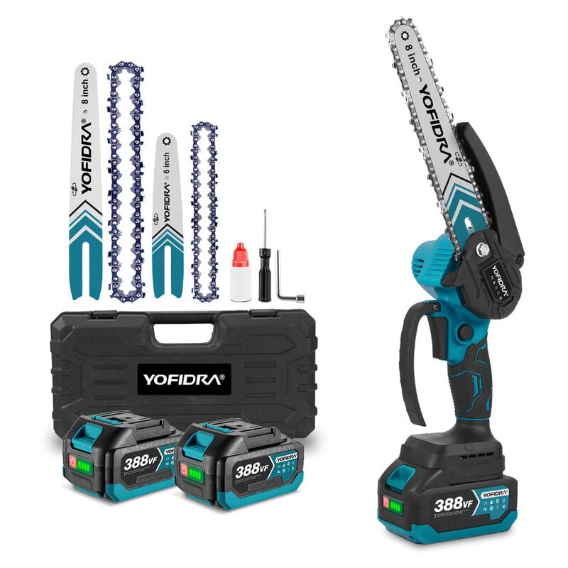 Onevan - Mini-Akku-Kettensäge, 6 und 8 Zoll kabellose elektrische Kettensäge, mit 2 Ketten und 2 Batterie