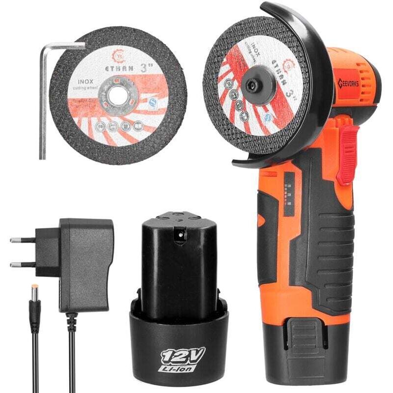 SNQ - Mini-Akku-Schleifgerät, 76 mm Mini-Akku-Winkelschleifer, Akku-Winkelschleifer mit Ladegerät und 2 Akkus 2000 mAh, 19500 U/min, 2 Trennscheiben