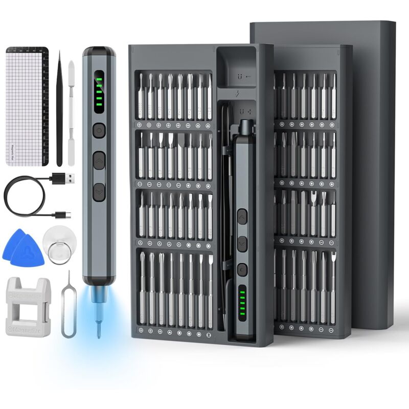 Mini-Akkuschrauber-Set mit 74-in-1-Präzisionsschraubendreher-Funktion, 64 magnetischen Bits, 5 Drehmomenteinstellungen, USB-C-Ladeanschluss,
