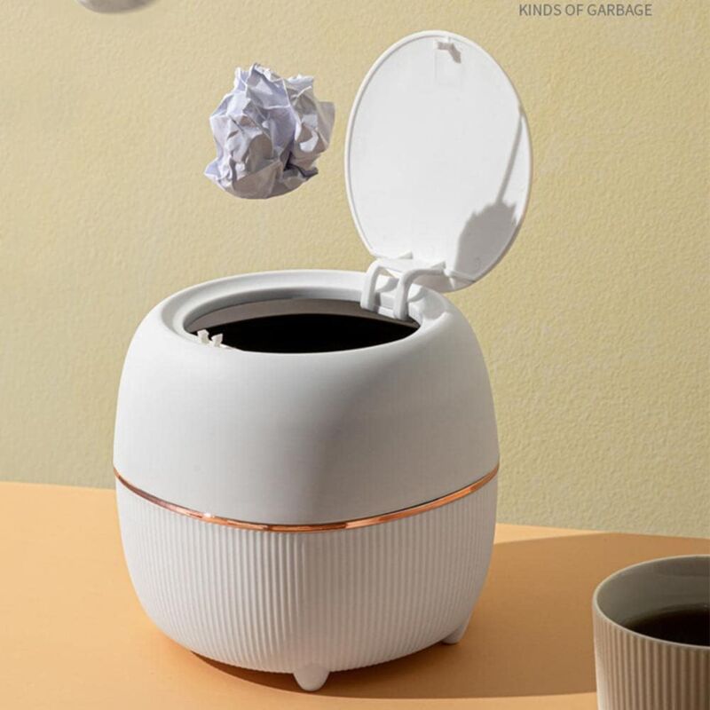 Ersandy - Mini-Desktop-Mülleimer, kreativer Kunststoff-Desktop-Mülleimer mit Knopfdeckel für Heimbüro, Büro, Schlafzimmer, Küche (weiß)