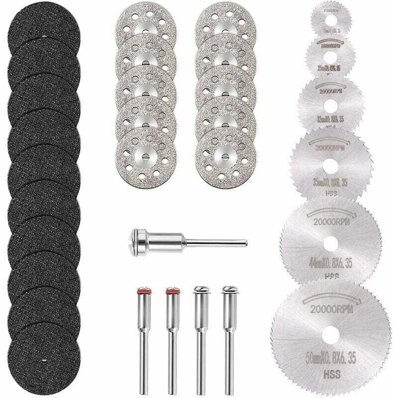 Mini-Diamant-Trennscheibe & Mini-HSS-Kreissägeblatt & Mini-Harz-Trennscheibe (3-mm-Dorn) für Holz, Stein, Metall, 30 Stück