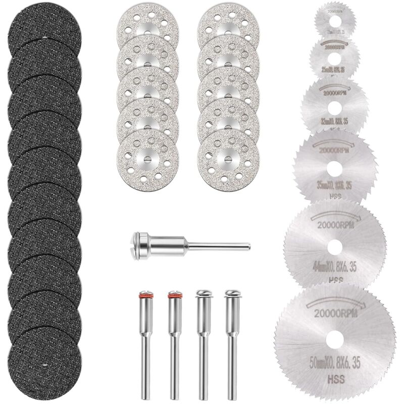 Memkey - Mini-Diamant-Trennscheibe & Mini-HSS-Kreissägeblatt & Mini-Harz-Trennscheibe (3-mm-Dorne) für Holz, Stein, Metall – Packung mit 30 Stück