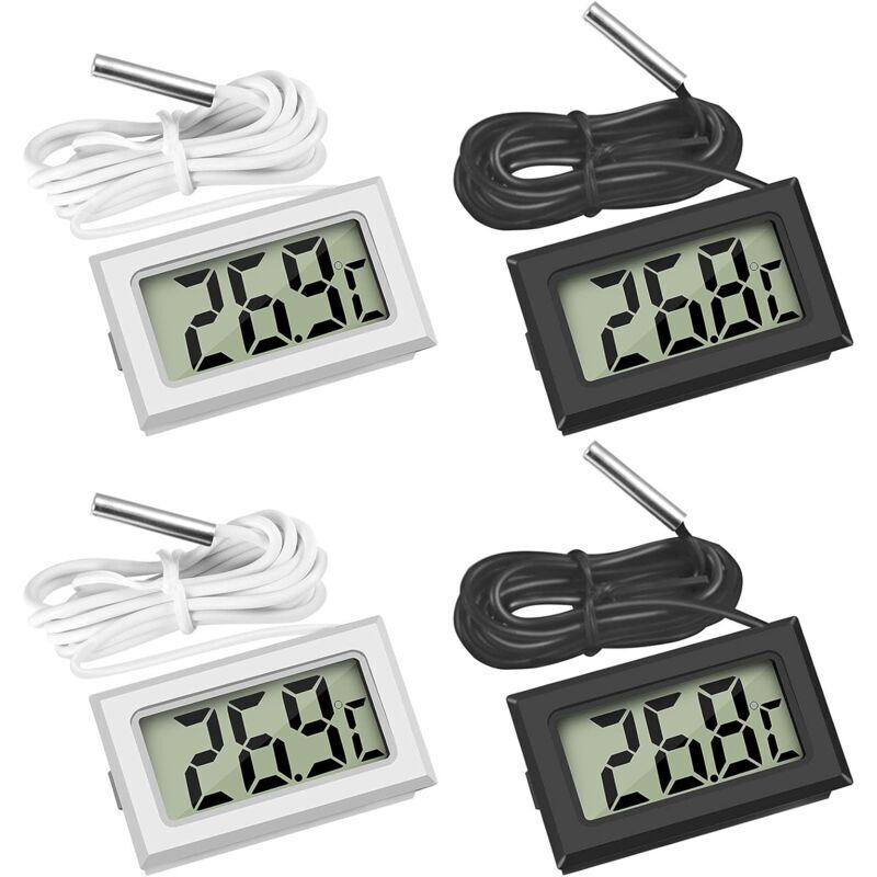 Mini-Digital-LCD-Thermometer mit Temperaturfühler für Kühlschränke, Gefrierschränke und Aquarien (2x Schwarz, 2x Weiß)