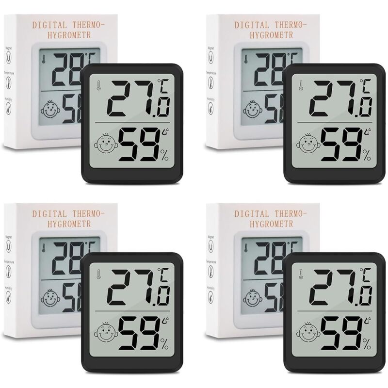 Mini-Digitalthermometer-Set für Zuhause, LCD-Display mit Hygrometer, präzises Wandthermometer für Babyzimmer, Growzelt und Keller, Schwarz, 4er-Set